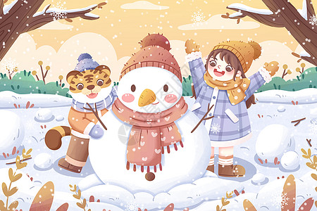 二十四节气大雪女孩和老虎堆雪人插画高清图片