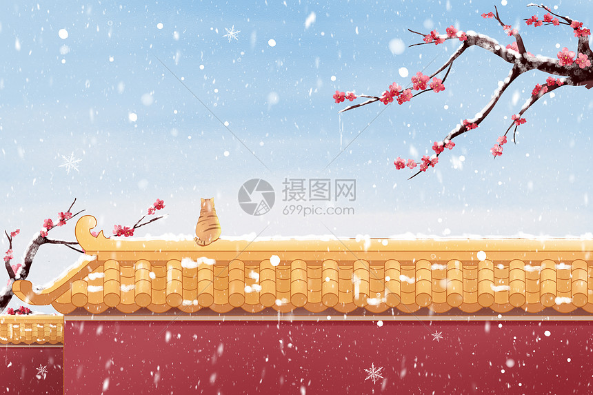 唯美冬天下雪红梅墙壁背景节气插画图片