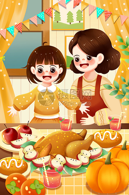 感恩节母女享受美食插画图片