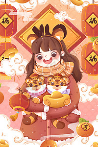 老虎跳红色喜庆2022虎年女孩清新卡通插画插画