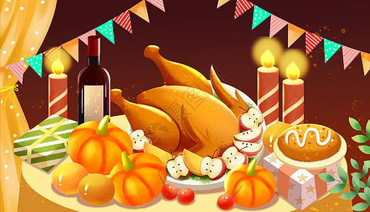 感恩节南瓜火鸡丰盛晚餐插画背景图片