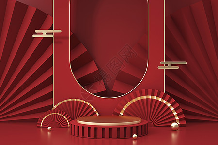 红色礼盒中式展示台背景设计图片