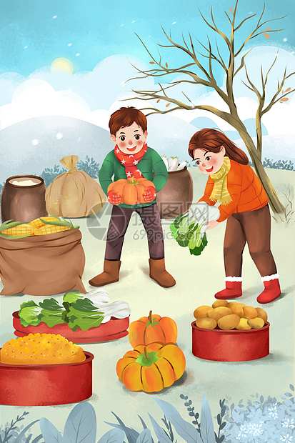 农事活动一对青年为冬季的到来储存蔬菜画面图片