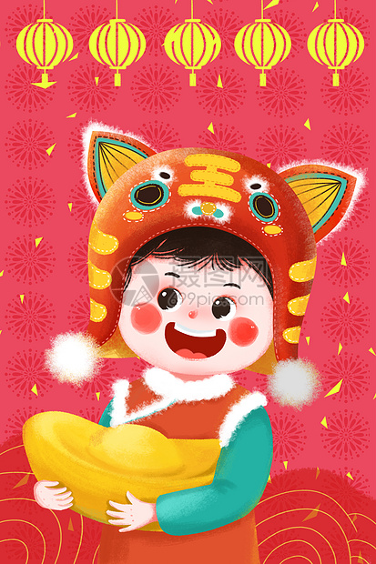 红色卡通喜庆戴虎头帽的可爱小男孩插画