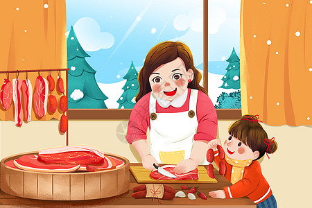 传统习俗妈妈与孩子一起腌制腊肉卡通插画图片