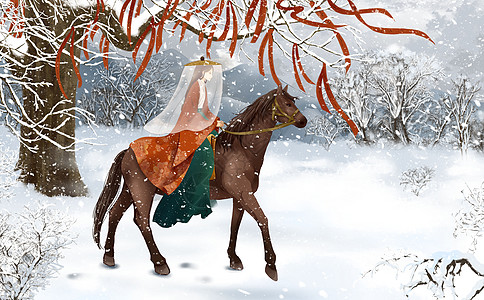 唯美古风写意雪地骑马的古代女子插画高清图片