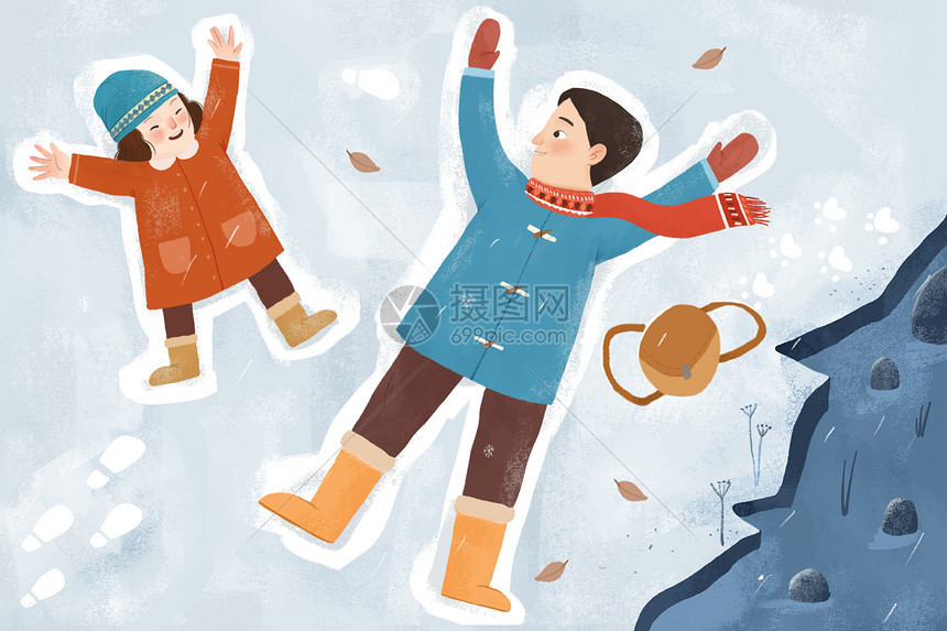 冬季和爸爸一起雪地做游戏扁平卡通插画图片