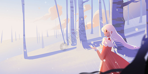 紫色治愈系冬季下雪树林红衣少女卡通插画背景图片