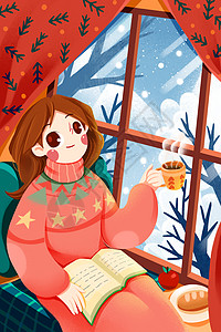 冬日里室内喝茶赏雪的女孩卡通插画高清图片