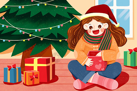 圣诞节坐在地板上拆礼物的女孩肌理噪点插画背景图片