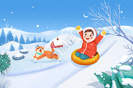 冬至下雪天滑雪运动卡通人物插画图片