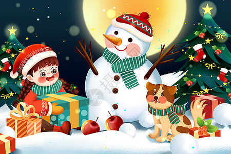 温馨平安夜女生抱礼物与可爱雪人狗狗过圣诞节插画背景图片