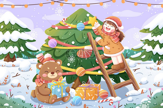 圣诞节女孩与小熊清新插画图片
