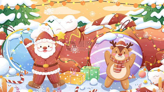 清新圣诞节麋鹿与圣诞老人卡通插画图片