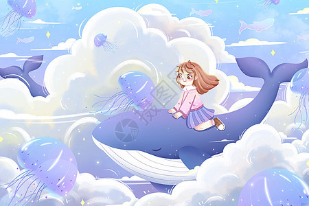 唯美清新女孩与鲸鱼插画背景图片