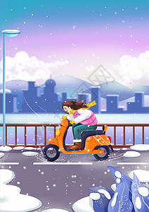 下雪的冬天骑着电动车迎着寒风大雪的女孩卡通人物可爱插画图片