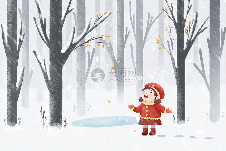 冬天小女孩在雪地树林玩耍图片