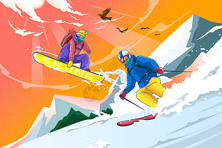 冬季雪山飞跃滑雪卡通插画背景图片