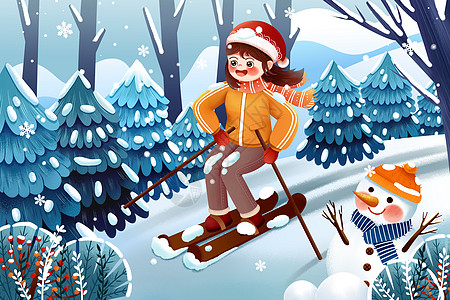 小清新冬季雪山滑雪冬季运动会插画图片