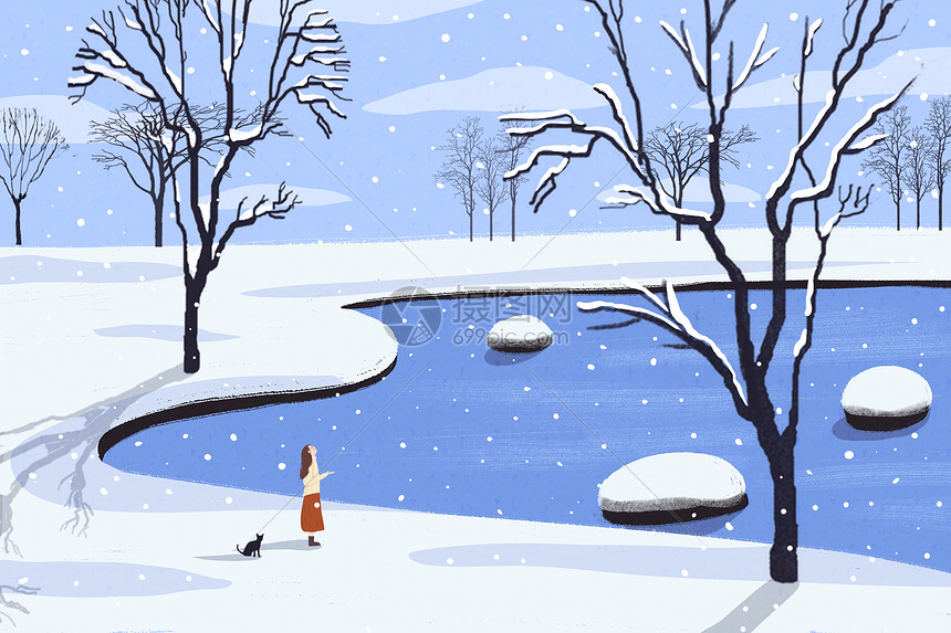 唯美冬天雪景女孩卡通插画图片