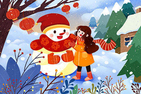 大雪手套雪地里相互依偎的雪人和小女孩插画