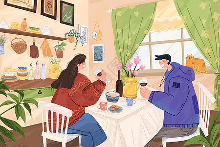 厨房餐桌情人节温馨情侣生活室内约会吃饭画面插画