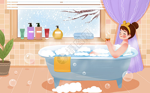 洗澡卡通卡通冬天泡澡养生的女孩插画插画