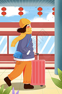 卡通火车站的女孩插画图片