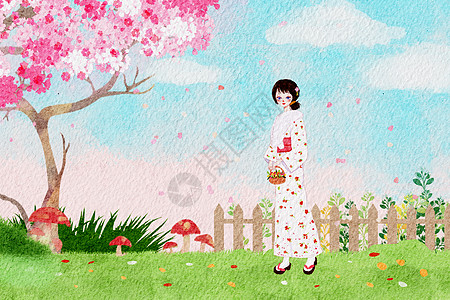 立春樱花和服少女插画图片