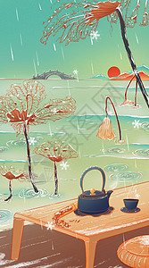 冬季下雪煮茶中国风线性插画节气插画大寒二十四节气海报图片