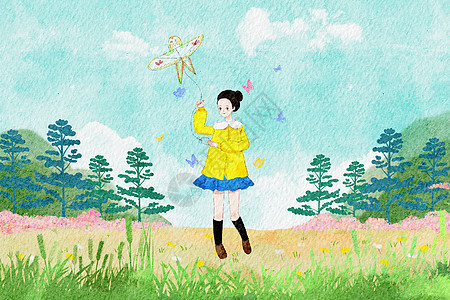 立春放风筝水彩插画图片
