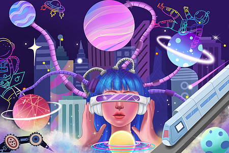 紫色建筑元宇宙未来科技人工智能唯美少女虚拟世界插画插画