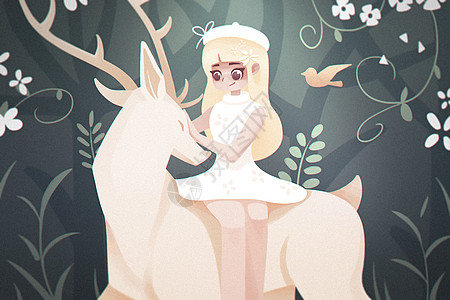 传统节气立春春分森林公主和白鹿扁平插画图片