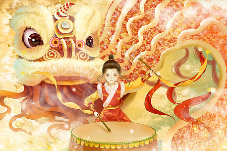 舞狮打鼓狮子春节新年插画古风插画高清图片