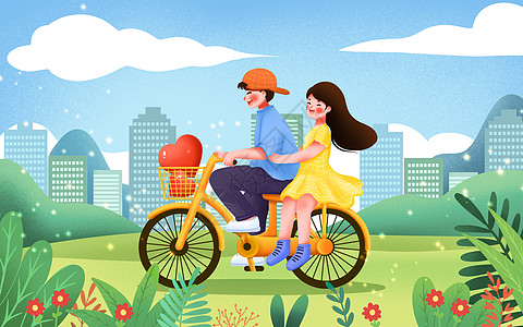 白色情人节背景男生骑车带着女生踏青插画