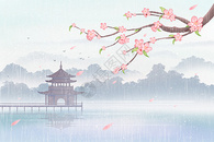 古风水墨春暖花开雨水春天桃花插画背景图片