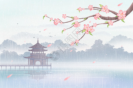 古风水墨春暖花开雨水春天桃花插画背景图片