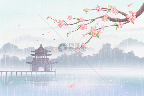 古风水墨春暖花开雨水春天桃花插画背景图片