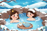 清新冬季泡温泉女孩大寒二十四节气雪地插画图片