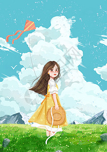 春游放风筝的女孩插画图片
