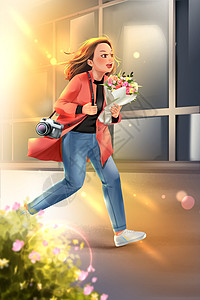 快乐来袭春天抱着花背着相机奔跑的少女卡通插画插画