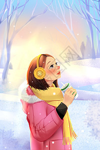 在雪地里手拿奶茶看下雪的女孩卡通插画图片