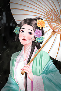 雨水节气之撑伞的古装女人插画图片