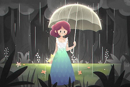 传统节气雨水春天森林里打伞的女孩卡通插画图片