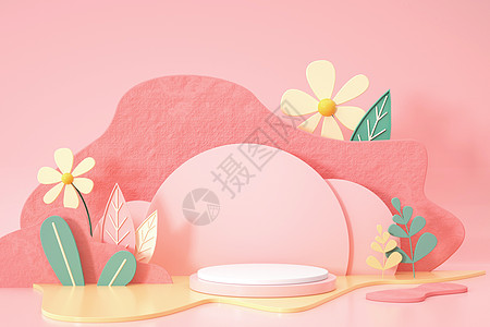粉色海报春季花朵电商展示台设计图片