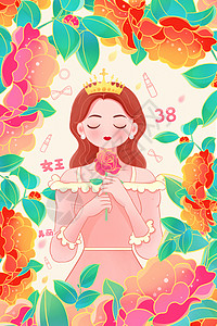 边框国潮浪漫唯美三八妇女节女神节插画插画