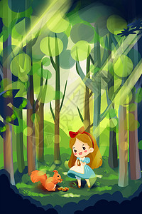 绿色春天女孩松鼠森林游玩图片
