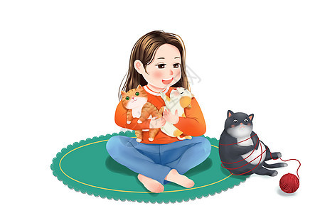 女孩抱小猫咪萌宠人物卡通动物素材插画图片
