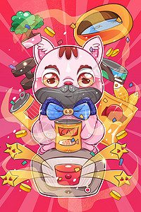 红色卡通可爱萌宠小猫抱着罐头插画图片