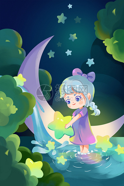 唯美夜晚星星月亮女孩戏水卡通插画图片